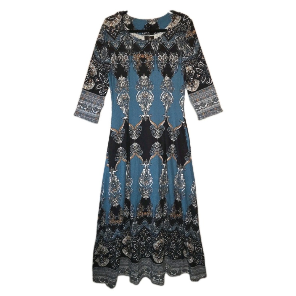 REBORN Teal Paisley Boho Dress Womens Large 3/4 Sleeve Knee Length Luxe Soft NWT